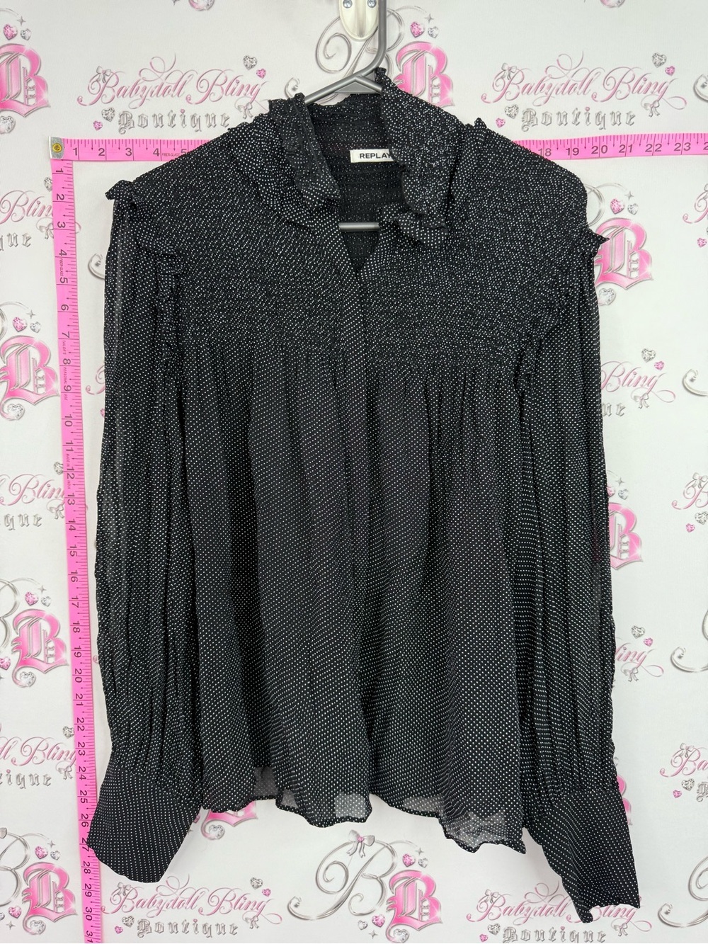 Replay shirt ruffle Black Tiny Dot Long-Sleeve Smocked Blouse